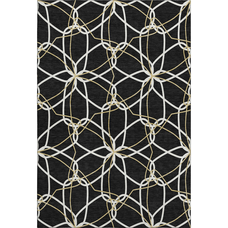 Premium Machine Washable Prisco Black Rug, Rectangle 5' x 7'6"
