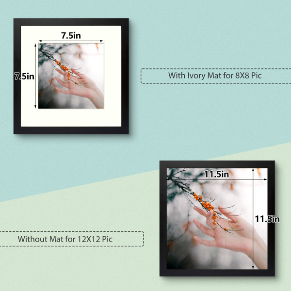 Relwaso 12x12 Picture Frame Display Pictures 8x8 with Mat or Photos 12 x 12  Without Mat, Square Wooden Picture Frames for Wall Mounting