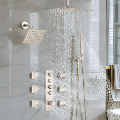 Ensemble de robinet de douche, système de douche de pluie thermostatique de plafond de 16 pouces avec tête de fixation murale de 6 pouces, 6 jets de corps et douchette, valve de pluie double en laiton et ensemble de garniture, nickel brossé