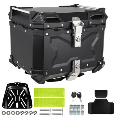 45L Waterproof Motorcycle Top Box – Aluminum Alloy Trunk with Security Lock & Backrest for Helmet Storage, Global Fit with Steel Baseplate for Touring – Black