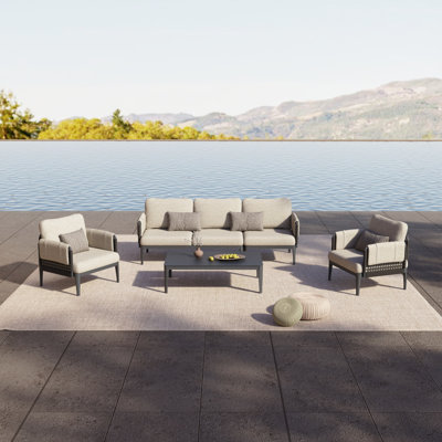 5 Pieces Aluminum Patio Furniture Set Rope Woven Outdoor Conversation Set with Thick Cushions and Coffee Table, Grey