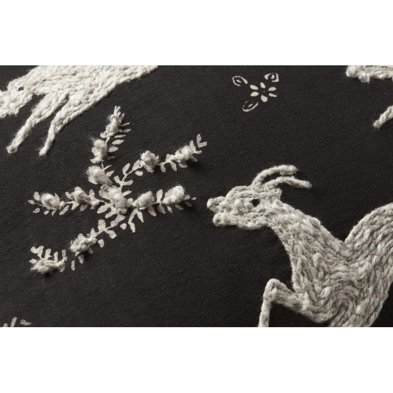Black and Ivory Embroidered Cotton Lumbar Pillow with Tassels