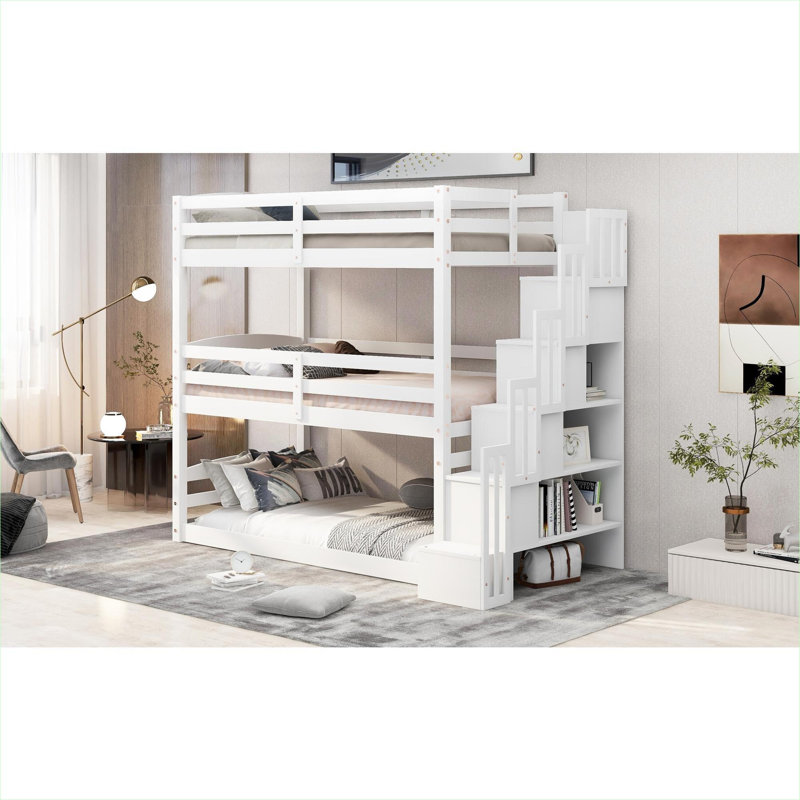 Lit superposé triple en pin massif massif, conception séparée avec escalier de rangement, taille simple, blanc éclatant