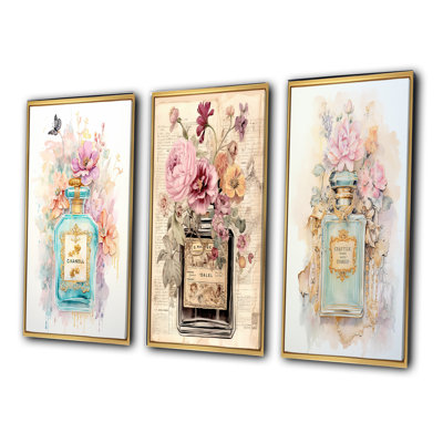 Vintage Floral Perfume Wall Art, 3-Piece Set - Vintage Floral Pastel Perfume Bottle