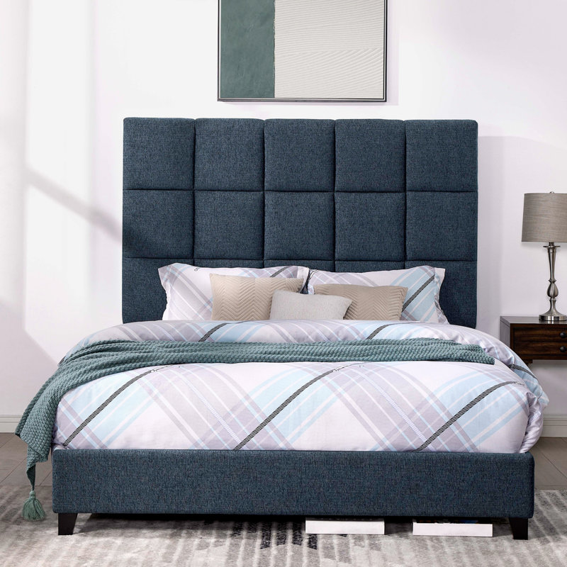 Ashiqu Squares Upholstered Platform Bed, Queen, Navy