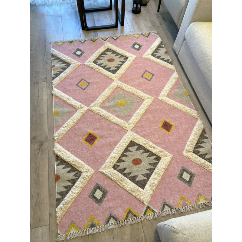Tapis rose d'intérieur / extérieur en coton tissé à la machine Iyleen, Rectangle 2 pi 8 po x 5 pi