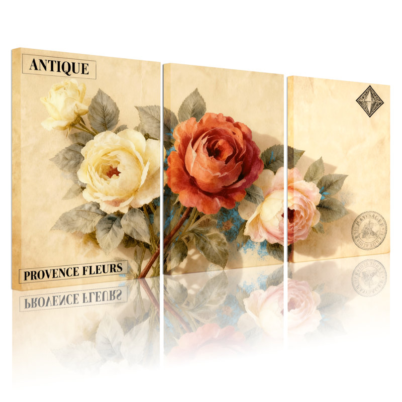 «Rose Antique Provence Fleurs Rose», ensemble de 3 reproductions d'art sur toile, H 18 po x l 36 po