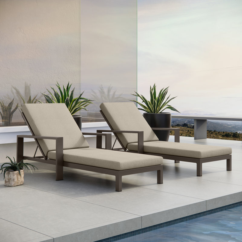 Hoyt 35'' Outdoor Metal Chaise Lounge, Khaki Cushion/Bronze Frame
