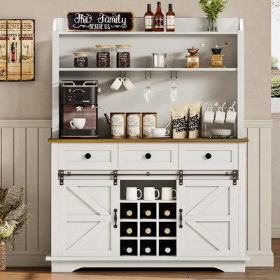 Coffee Bar Cabinet with Sliding Barn Door & Wine Racks, Hutch Cabinet with Storage and 3 Drawers, Farmhouse Coffee Bar with Wine Glass Holder for Dini by August Grove