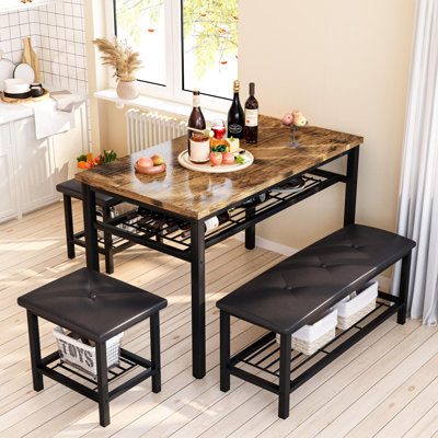 Ensemble de salle à manger 4 pièces, table de salle à manger avec 1 banc et 2 tabourets courts pour 4 personnes, table de salle à manger avec cadre en métal et tablette de rangement, table de cuisine et chaises pour la salle à manger, coin repas, pe