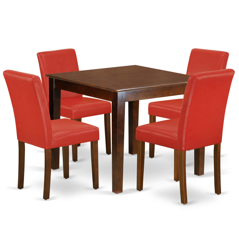 5 Piece Modern Dining Table Set Includes a Square Wooden Table and 4 Firebrick Red Faux Leather Parson Dining Chairs, Mahogany