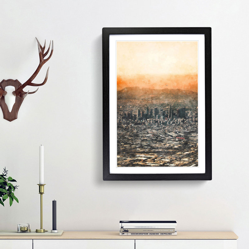 High over the Los Angeles Skyline - Picture Frame Painting Print, 87cm H x 62cm W x 2cm D, Black Framed