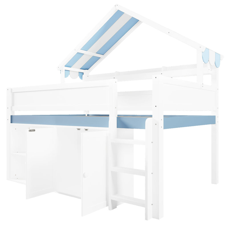 Lit mezzanine double avec auvent et rangement, design pastel doux, tablettes intégrées pour ranger les fournitures, ambiance de chambre à coucher confortable, rangement pour armoires
