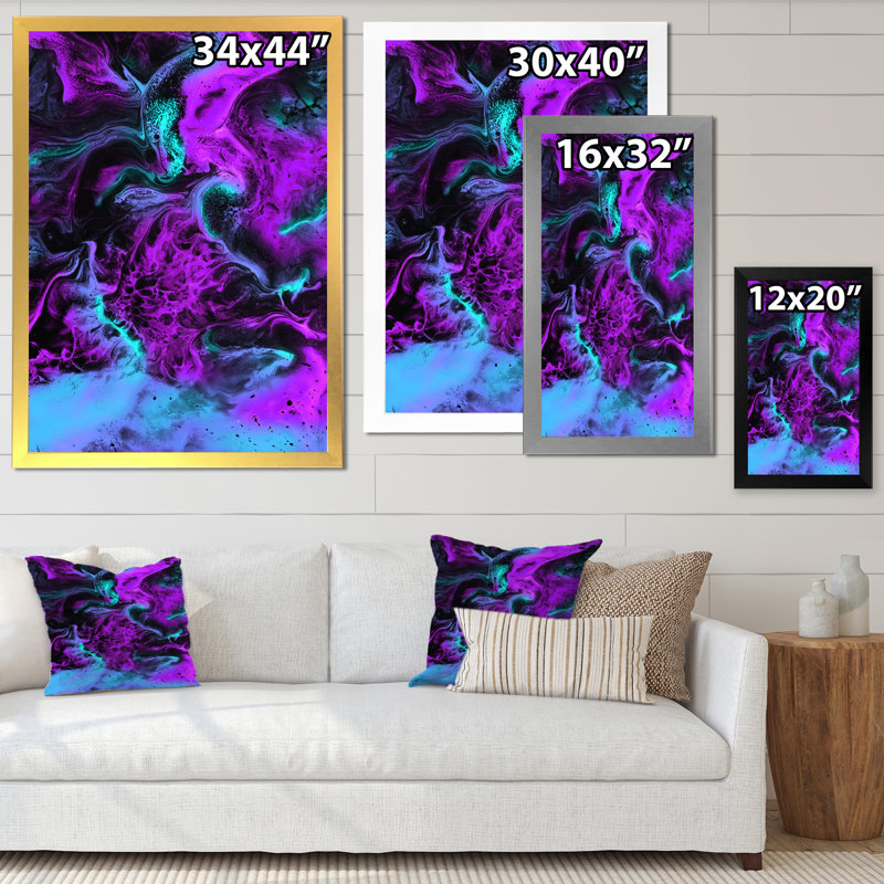 Neon rose, bleu et vert, paysage liquide - peinture sur toile, H 40 po x l 30 po, Cadre de coin argenté fermé