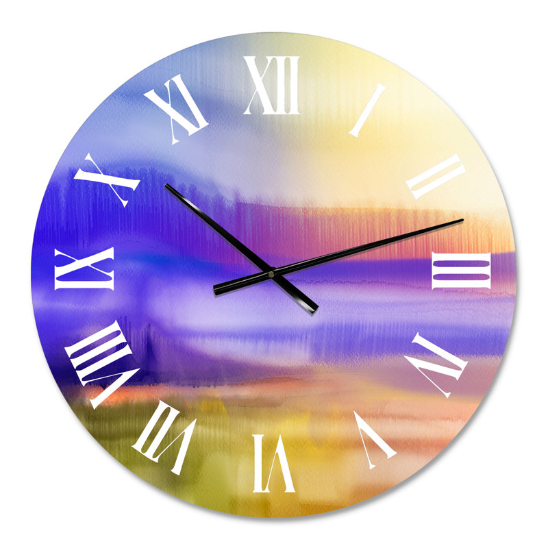 Paysage peint à la main avec coucher de soleil jaune et mauve - horloge murale traditionnelle, Petit