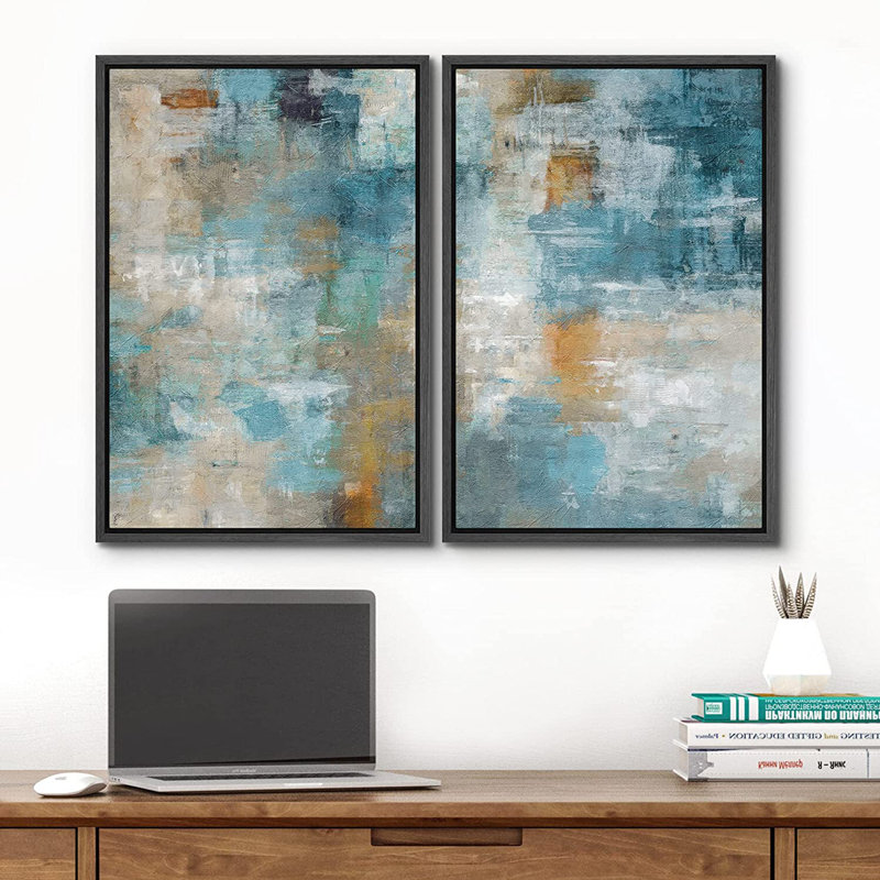 "Abstract Paint Effect", sarcelle brune, collage grunge - impression sur toile, H 16 po x l 24 po, Toile avec cadre flottant