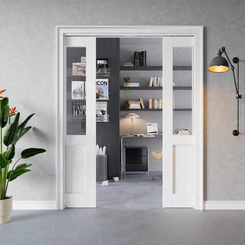 Porte intérieure semi-vitrée en verre clair, portes coulissantes doubles à galandage en MDF CARB P2 et verre trempé SGCC, avec cadre renforcé et quincaillerie incluse, porte coulissante pour chambre à coucher, préfinie et imperméable, teinture facile à appliquer soi-même, pour garde-manger, chambre à coucher, salle de bain et placard, 122 cm x 203 cm