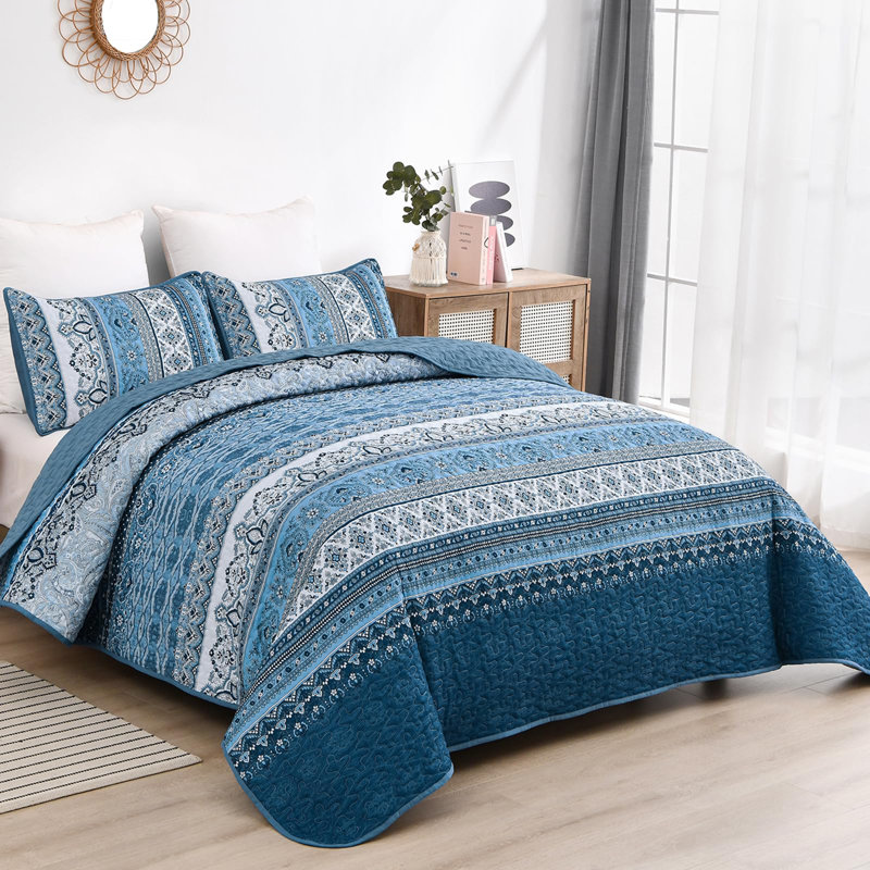 Ensemble de courtepointe 3 pièces, Courtepointe pour lit grand + deux taies décorati, Rayures bleues