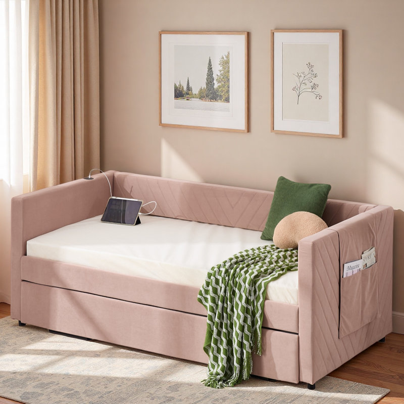Upholstered Daybed With Trundle, Usb Port And Side Pockets, Pink