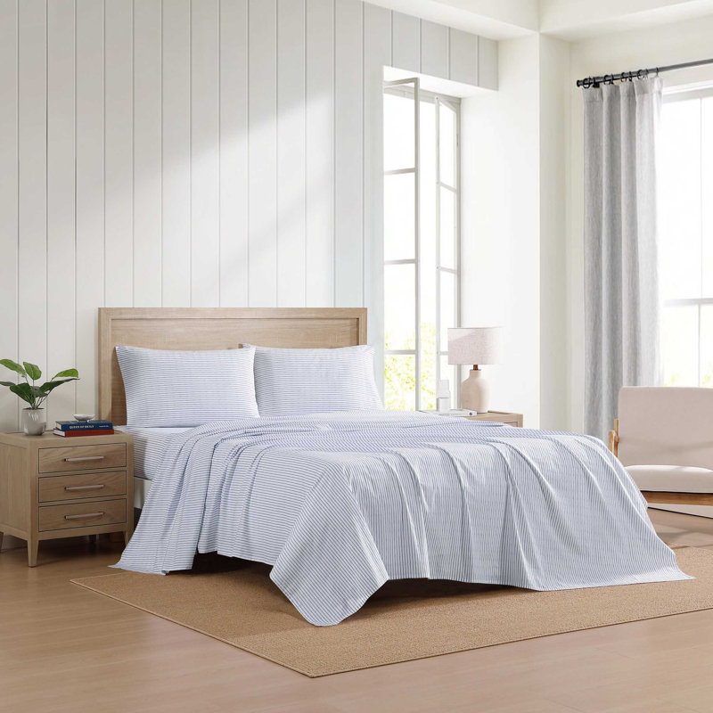 Tommy Hilfiger Printed Percale Cotton Sheet Set, Monogram Stripe Blue, Twin XL Sheet Set with 1 Pillowcase