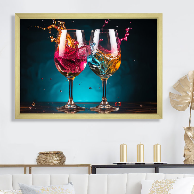 «Whimsical Cheers - Wine», art mural champagne, H 12 po x l 20 po x P 1 po, Cadre doré simple