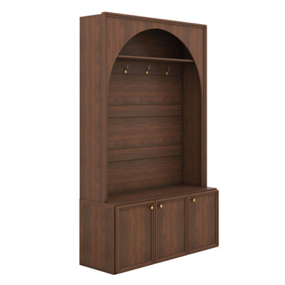 Hall Tree With Adjustable Shelves, Classic Arched Farmhouse Storage Bench With Dual Side Cabinets, Organizer With 7 Hooks