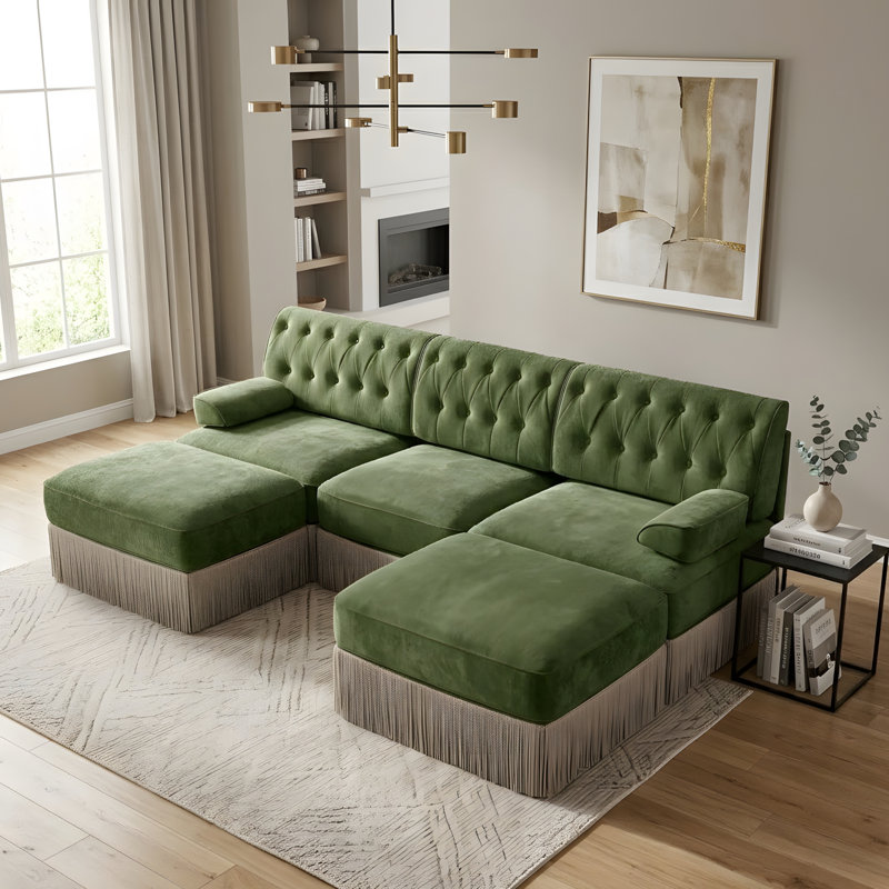 U-shaped, breathable, comfortable fringe-trimmed sofa, 34.2" H x 106.1" W x 60.3" D, Green Velvet