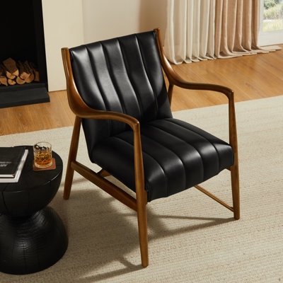 Genuine Leather Upholstered Tufted Accent Armchair With Solid Wood Frame