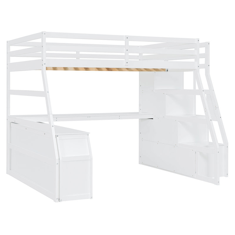 Lit mezzanine double avec 7 tiroirs, 2 tablettes et un bureau, Blanc