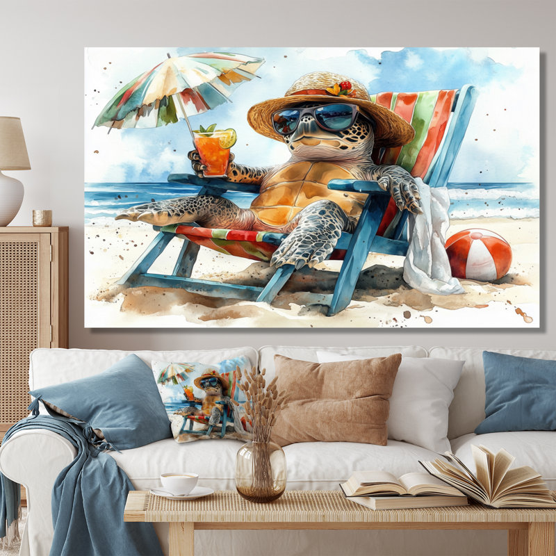 Tortue sur la plage relaxante - salon d'art mural animal côtier, Toile tendue, 24" H x 32" W