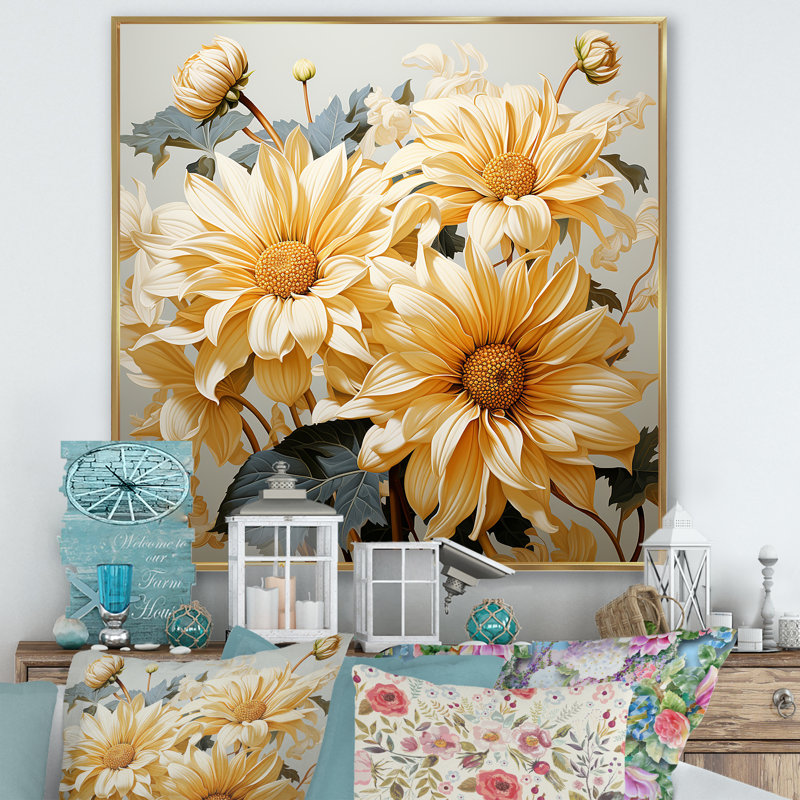 Tournesols gris et jaunes doux - impression, Cadre flottant doré, H 30 po x l 30 po x P 1 po