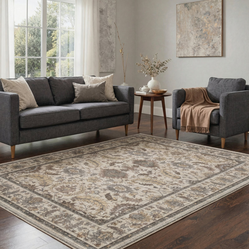 Roehit Vintage Distressed Medallion Machine Washable Beige / Brown Indoor Area Rug with Non-Slip Backing, Round 5'