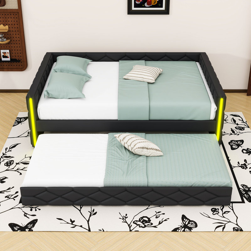 Full XL PU Upholstered Daybed with LED Light Armrests and Pull-Out Twin Trundle, Black
