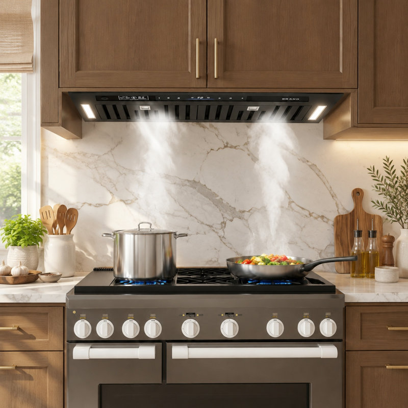 BRANO 36 In. Insert Range Hood 900 CFM, Convertible Built-In Kitchen Vent Hood with Voice/Gesture/Touch Control, Included Carbon Filter, Black Stainless Steel