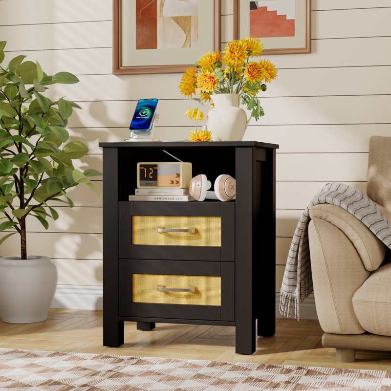 Nightstands With Charging Station - 2 Rattan Drawers, 3-tier Design, Usb/type-c Ports (set Of 2 Or Single), Black, Individual