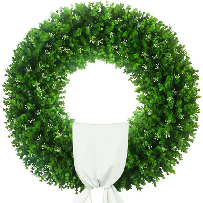 32” Large Artificial Boxwood Wreath – Uv-resistant Greenery With 310 Leaves & 140 Flower Buds, Foldable Spring Door, Window & Wall Hanging Décor