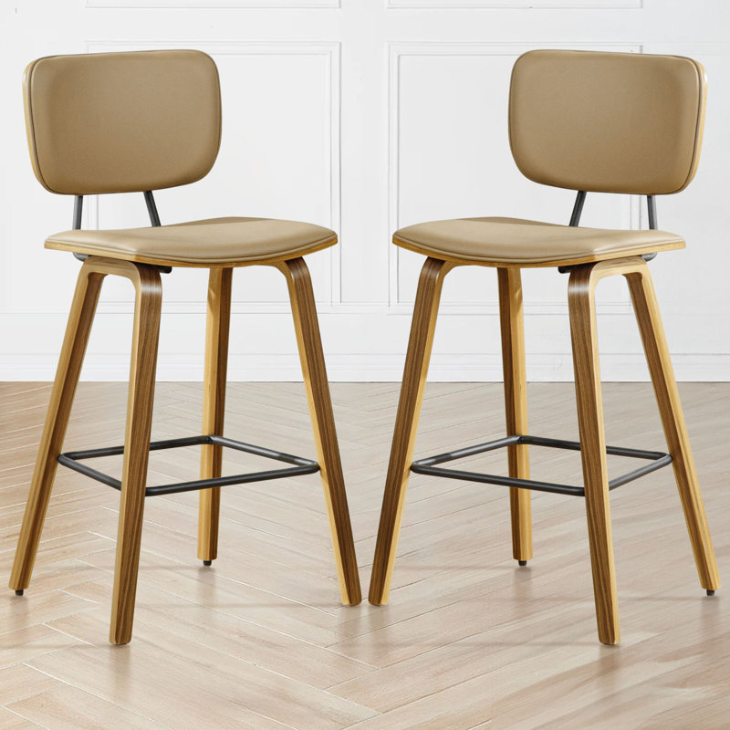 Brown PU Leather Upholstered Counter Stools with Bent Wood Legs, Set of 2