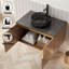 Meuble-lavabo mural en contreplaqué avec comptoir en pierre frittée noire et lavabo et portes ronds en céramique, couleur grain de bois chêne brun