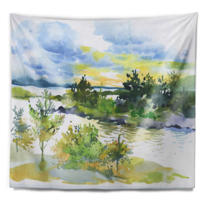 Tapisserie aquarelle paysage forêt d'automne et lac