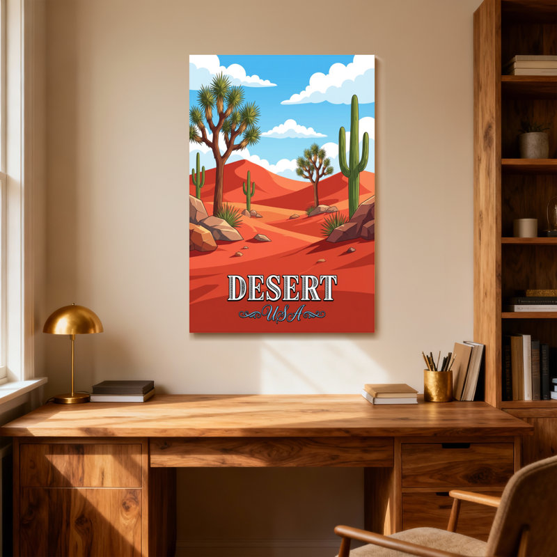 Paysage désertique avec cactus et rochers, H 48 po x l 32 po