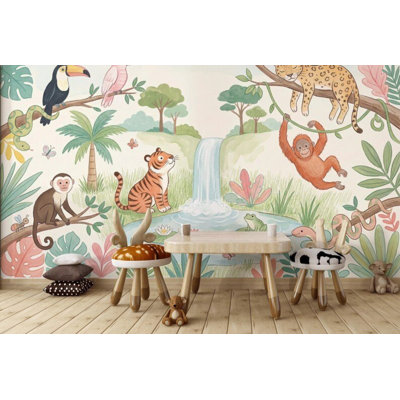 Cute Jungle Animals Nursery Mural Wallpaper with Tiger, Toucan, Monkey and Waterfall