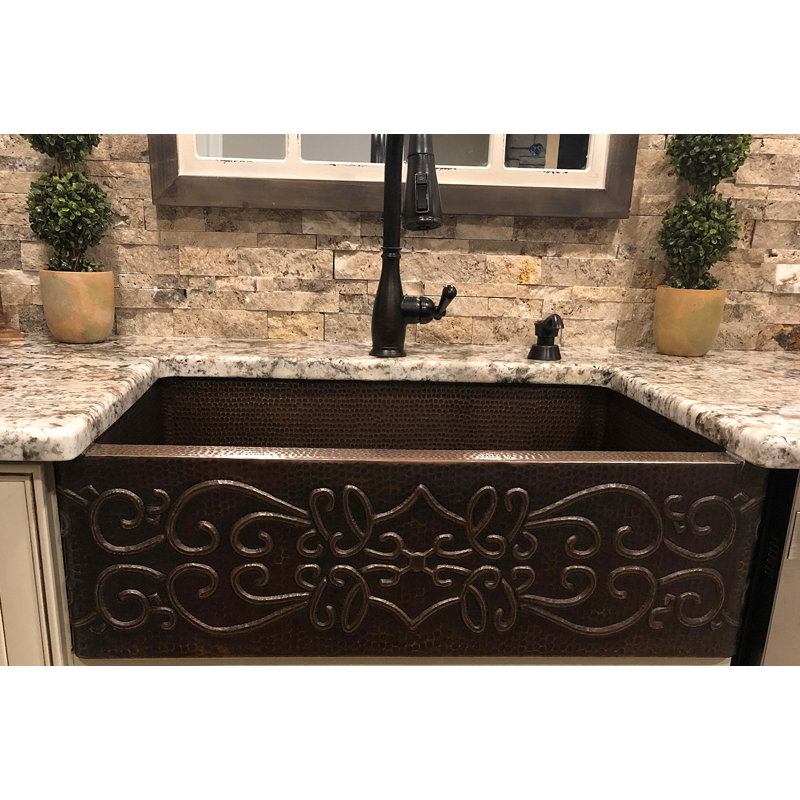 30" Hammered Copper Apron Front Single Basin Kitchen Sink with Scroll Design