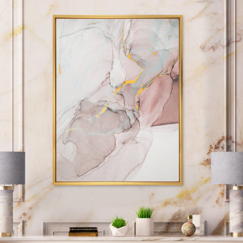 Gris et rose marbré art ondulations - décoration murale moderne en toile, L 34 po x H 44 po, Toile à cadre flottant doré