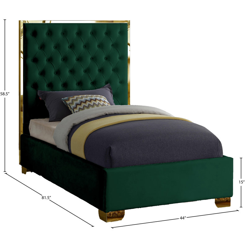 Spadaro Upholstered Platform Bed, Green Velvet, Gold, Twin