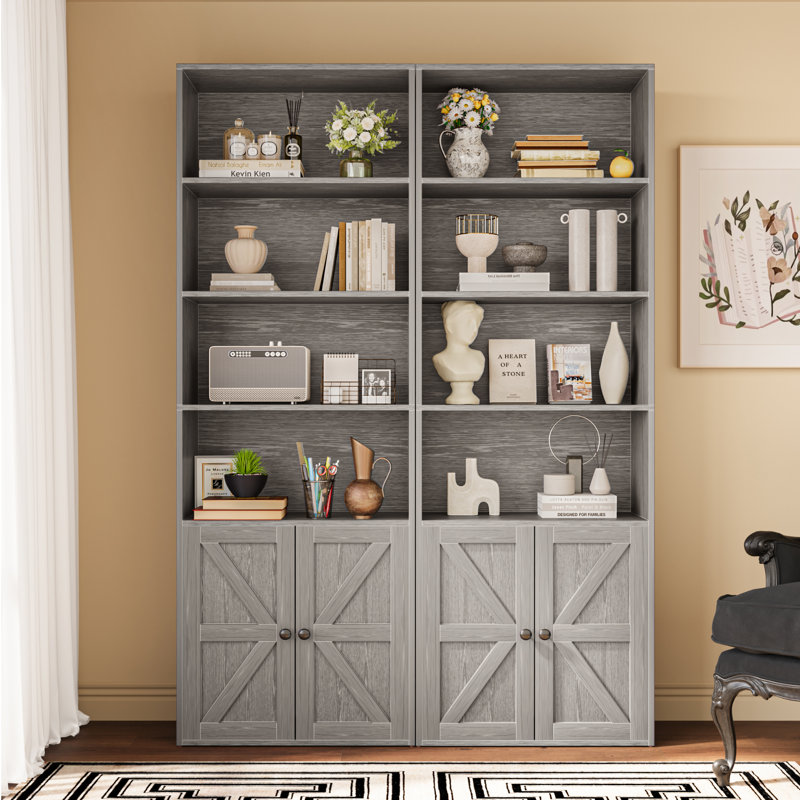 6 Tier 71.5"H x 22.7"W Wooden Storage Bookcase with Door Cabinets, Gray