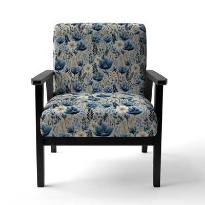 Blue Meadow Floral Pattern - Upholstered Farmhouse Arm Chair, Blue Accent Chair