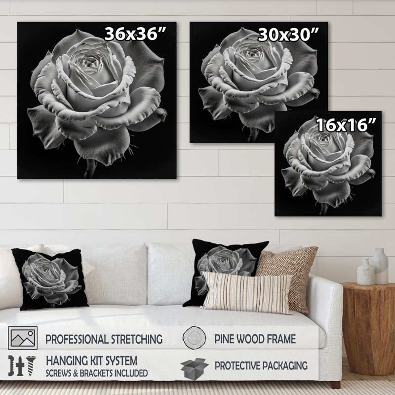 «Blossoming White Rose on Black III», reproduction sur toile, H 16 po x l 16 po x P 1 po, Toile tendue