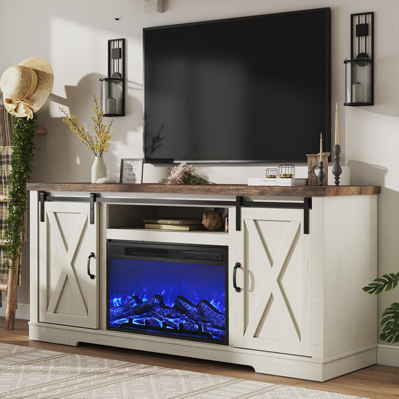 Meuble télé avec foyer en bois manufacturé 63 po Chiara, Blanc vieilli / rustique