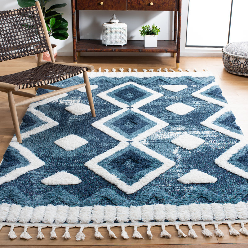 Tapis bleu / ivoire à poils longs Evant 656 Evant, Rectangle 8 pi x 10 pi