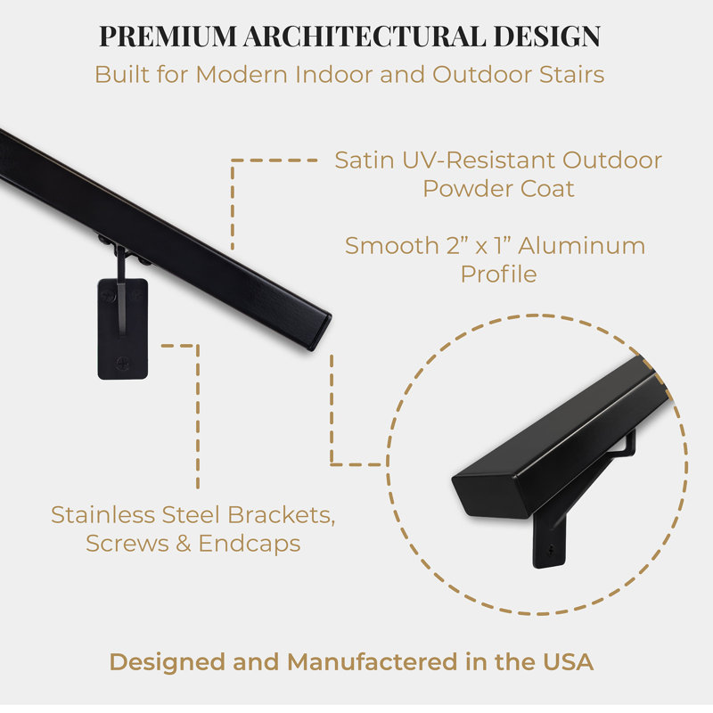 Modern Architectural Aluminum Stair Handrail For Indoor And Outdoor Stairs, Wall Mount Staircase Railing Kit With Stainless Steel Brackets And Screws, Powder Coated